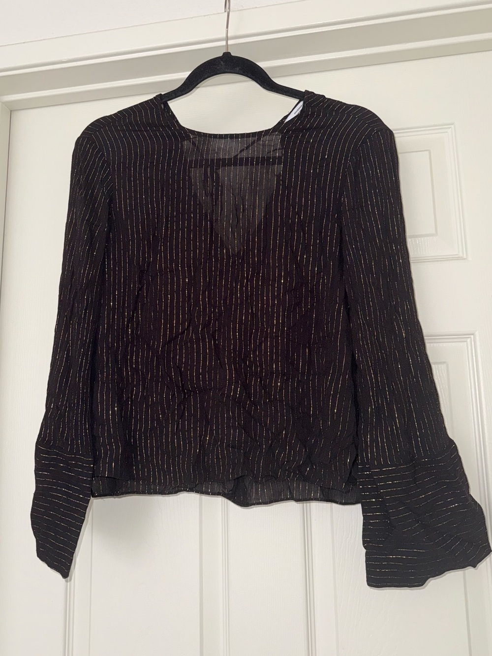& Other Stories Black Sheer Blouse with Metallic Gold Stripes